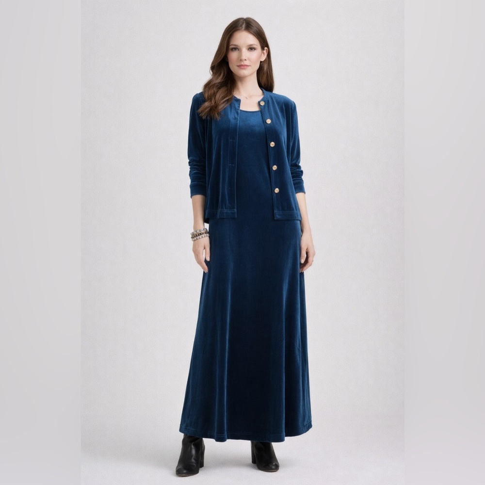 DVF Velvet Maxi Dress + Jacket Set S Blue Velvet Resort